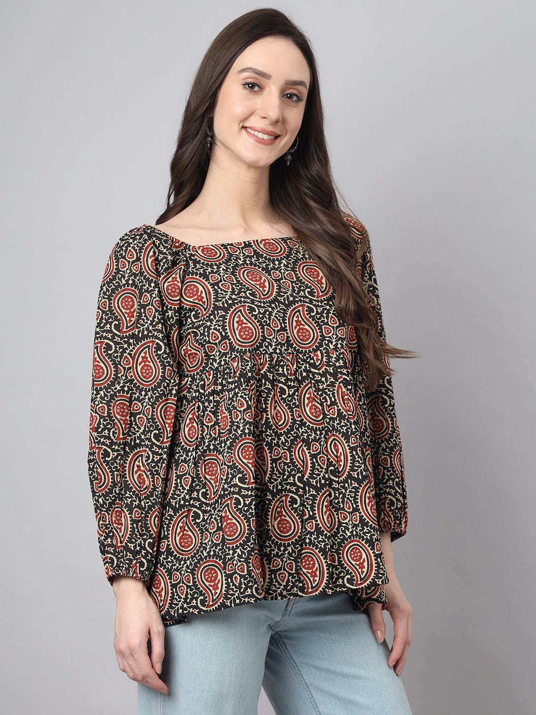 Janasya Women's Black Cotton Paisley Print Casual Gathered Top