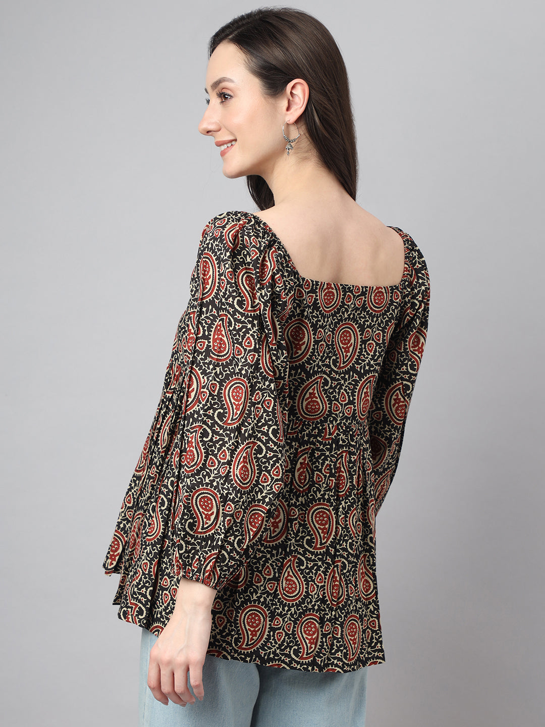 Janasya Women's Black Cotton Paisley Print Casual Gathered Top