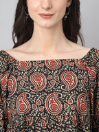 Janasya Women's Black Cotton Paisley Print Casual Gathered Top