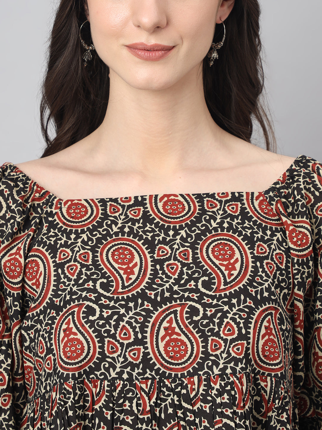 Janasya Women's Black Cotton Paisley Print Casual Gathered Top