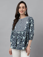 Janasya Women's Navy Blue Cotton Floral Print Gathered Top - Distacart