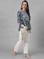 Janasya Women's Navy Blue Cotton Floral Print Gathered Top - Distacart