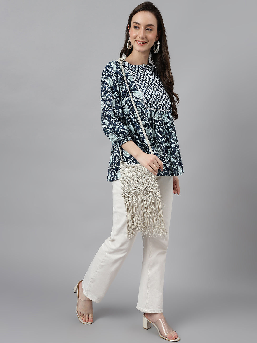 Janasya Women's Navy Blue Cotton Floral Print Gathered Top - Distacart
