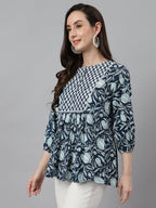 Janasya Women's Navy Blue Cotton Floral Print Gathered Top - Distacart
