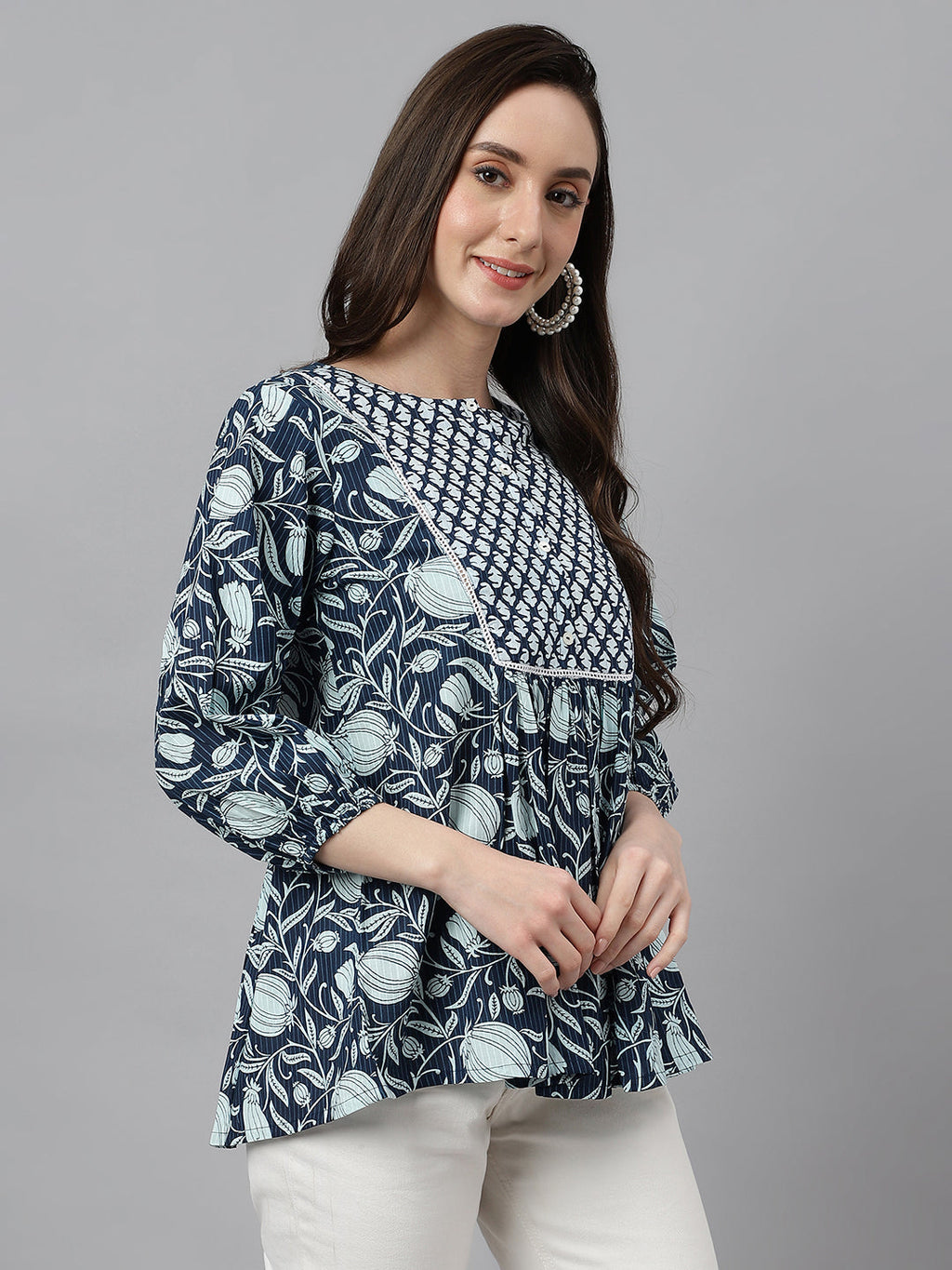 Janasya Women's Navy Blue Cotton Floral Print Gathered Top - Distacart