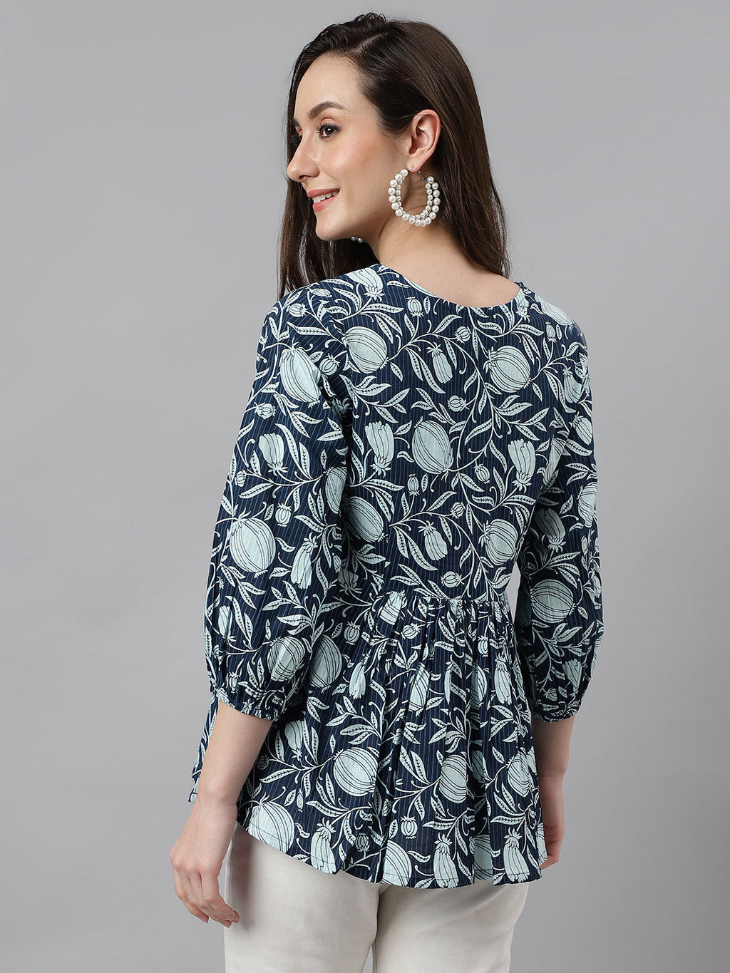 Janasya Women's Navy Blue Cotton Floral Print Gathered Top - Distacart