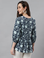 Janasya Women's Navy Blue Cotton Floral Print Gathered Top - Distacart