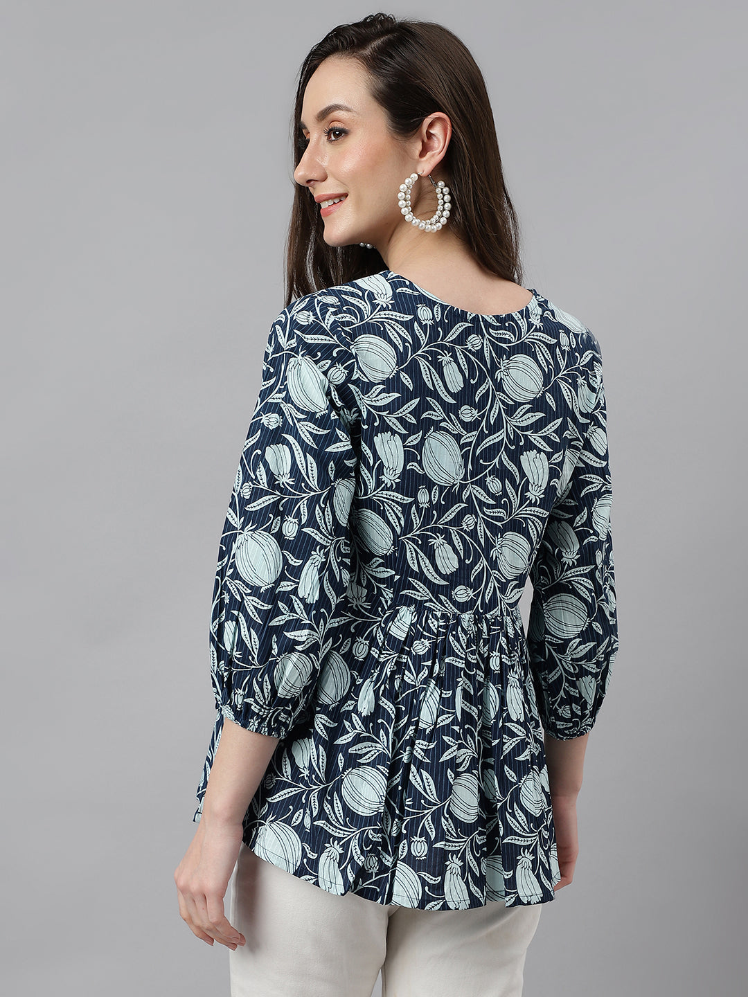 Janasya Women's Navy Blue Cotton Floral Print Gathered Top - Distacart