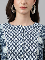 Janasya Women's Navy Blue Cotton Floral Print Gathered Top - Distacart
