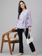 Janasya Women's White Georgette Floral Print Flared Top - Distacart