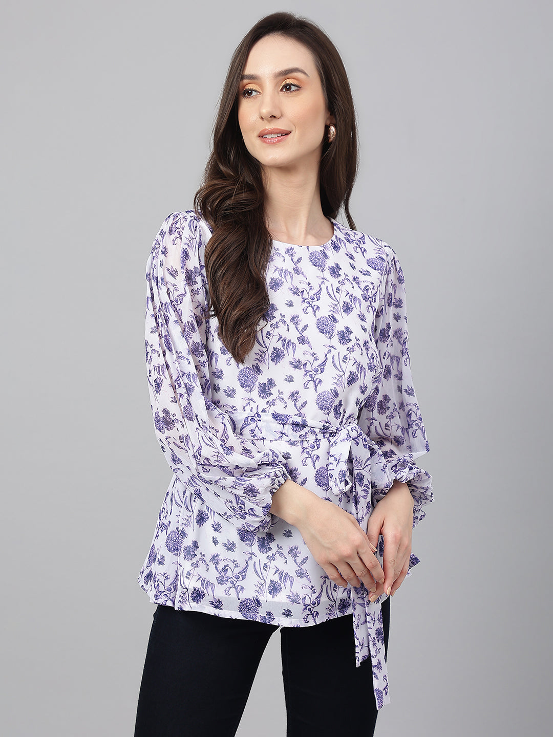 Janasya Women's White Georgette Floral Print Flared Top - Distacart