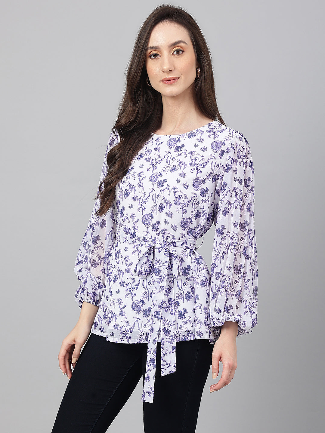 Janasya Women's White Georgette Floral Print Flared Top - Distacart