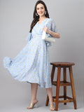 Janasya Women's Blue Georgette Floral Printed Flared Western Dress - Distacart