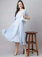Janasya Women's Blue Georgette Floral Printed Flared Western Dress - Distacart