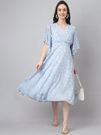 Janasya Women's Blue Georgette Floral Printed Flared Western Dress - Distacart