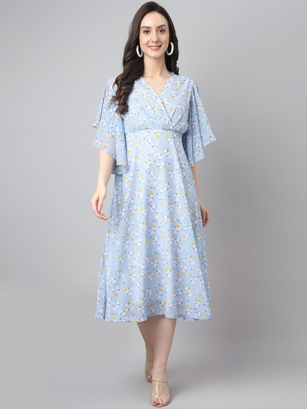 Janasya Women's Blue Georgette Floral Printed Flared Western Dress - Distacart