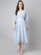 Janasya Women's Blue Georgette Floral Printed Flared Western Dress - Distacart