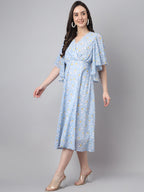 Janasya Women's Blue Georgette Floral Printed Flared Western Dress - Distacart