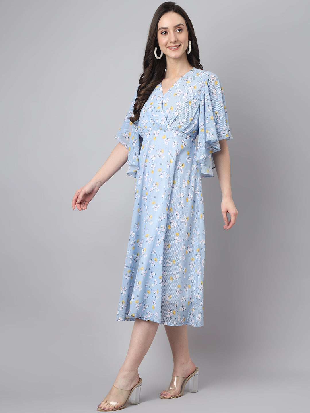 Janasya Women's Blue Georgette Floral Printed Flared Western Dress - Distacart