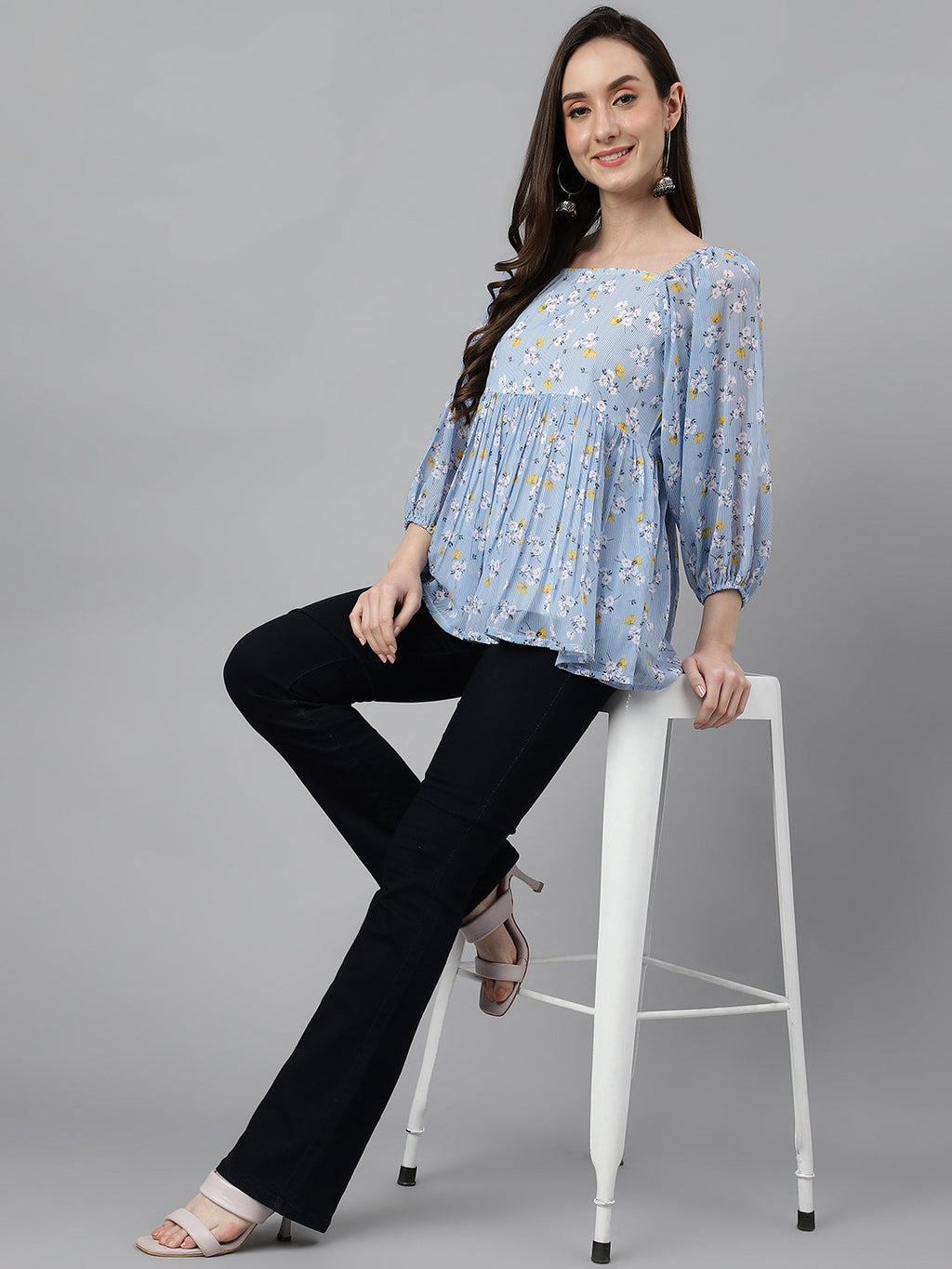 Janasya Women's Blue Georgette Floral Print Peplum Top - Distacart
