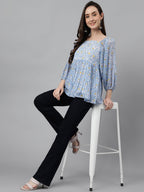 Janasya Women's Blue Georgette Floral Print Peplum Top - Distacart