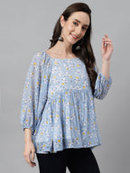 Janasya Women's Blue Georgette Floral Print Peplum Top - Distacart
