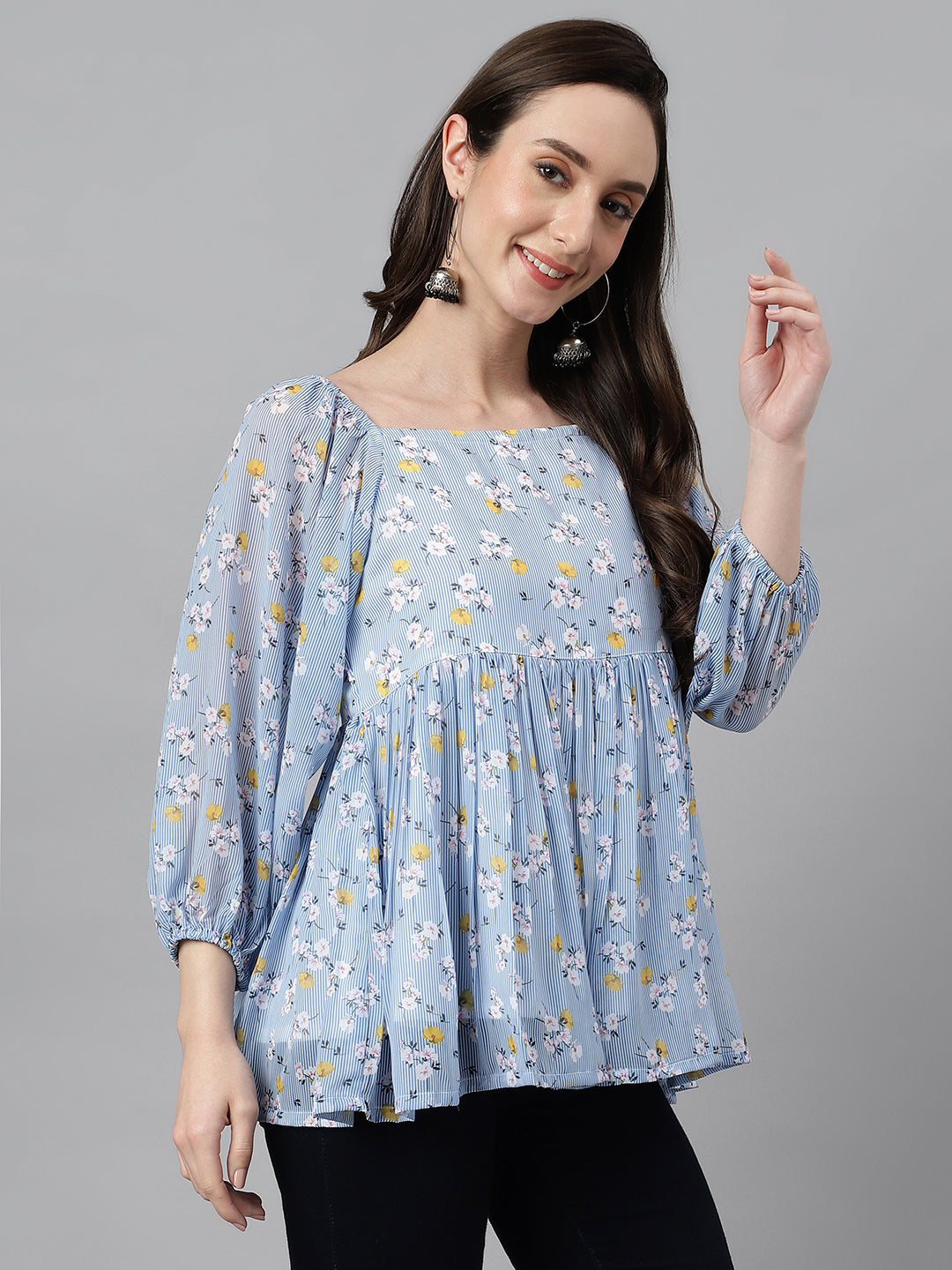Janasya Women's Blue Georgette Floral Print Peplum Top - Distacart