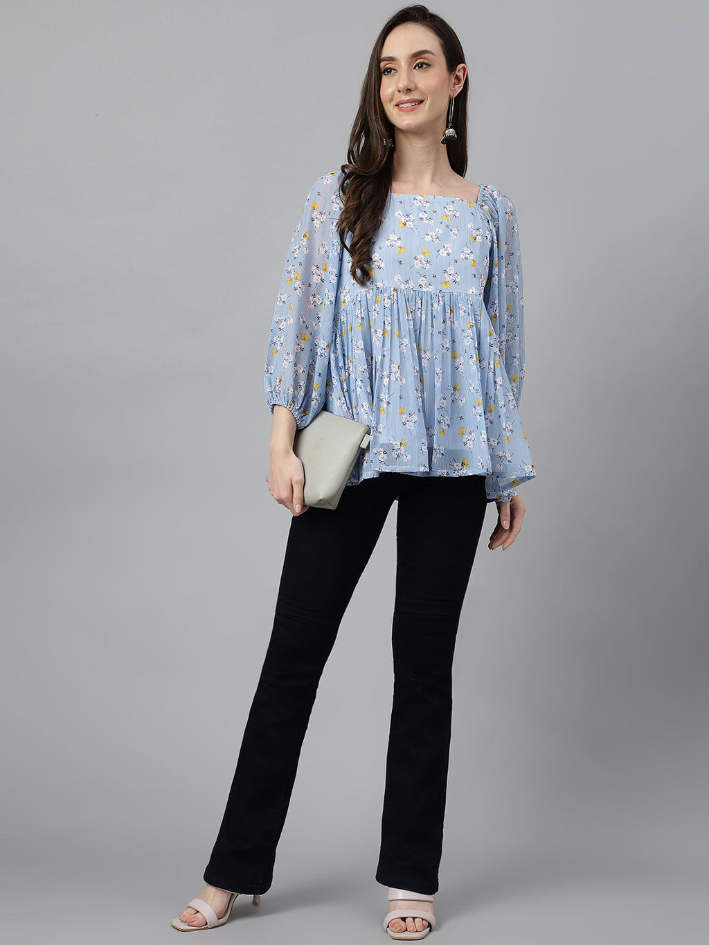 Janasya Women's Blue Georgette Floral Print Peplum Top - Distacart