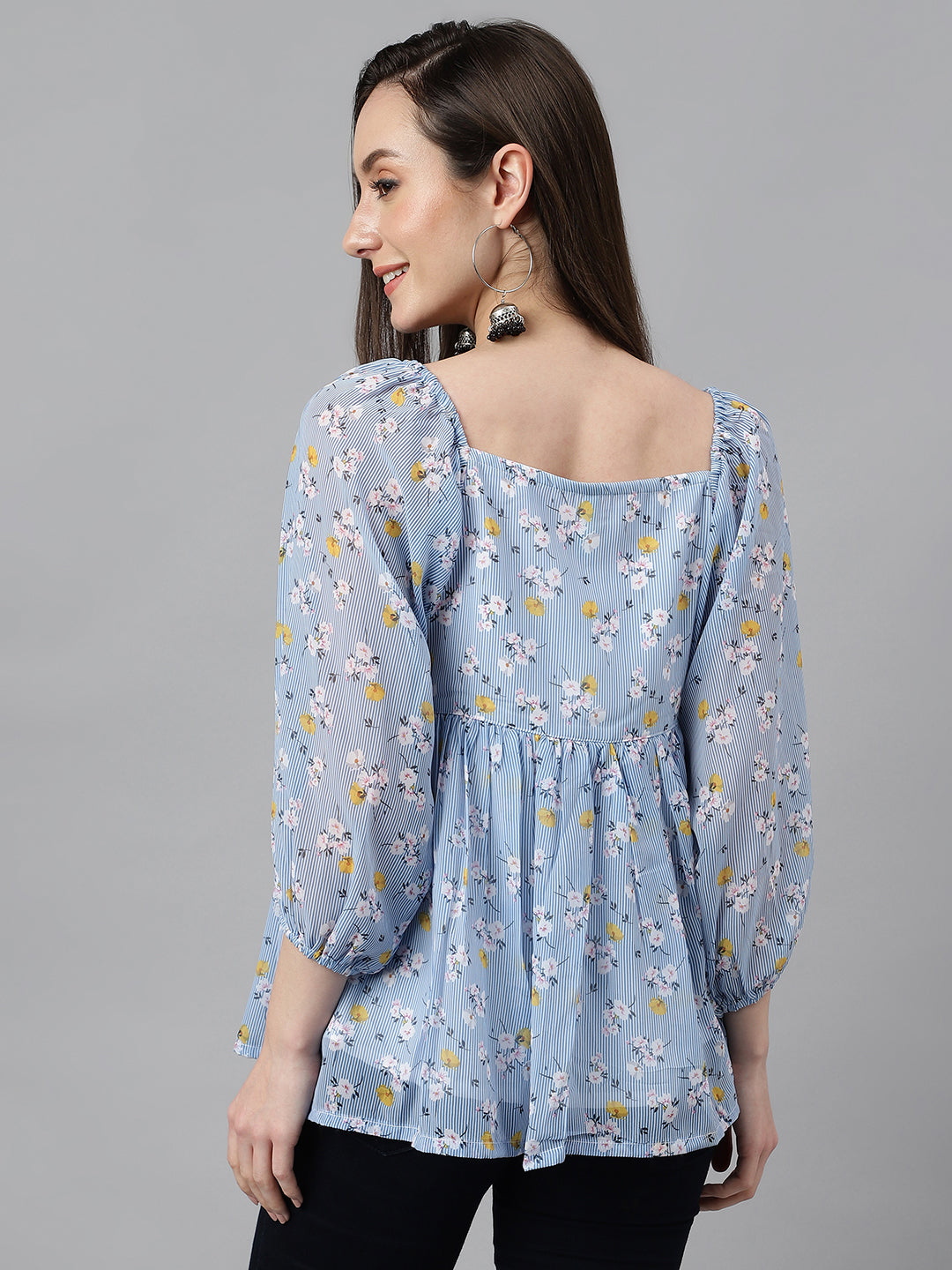 Janasya Women's Blue Georgette Floral Print Peplum Top - Distacart