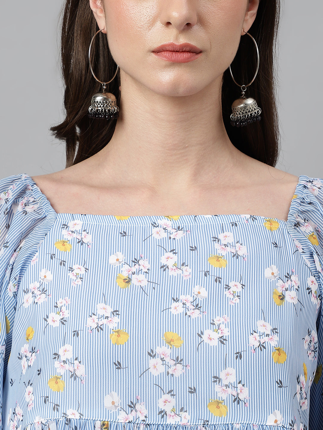 Janasya Women's Blue Georgette Floral Print Peplum Top - Distacart
