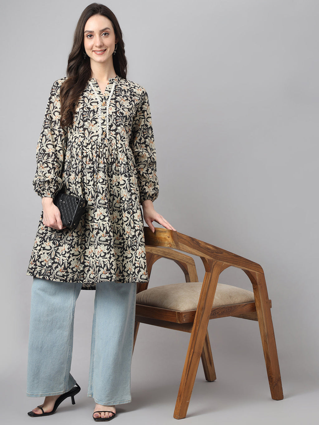 Janasya Women's Black Cotton Floral Print Casual Flared Tunic