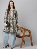 Janasya Women's Black Cotton Floral Print Casual Flared Tunic