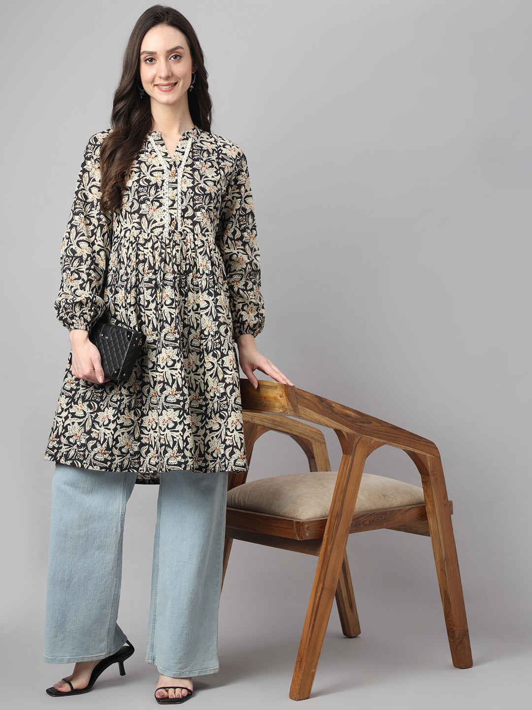 Janasya Women's Black Cotton Floral Print Casual Flared Tunic