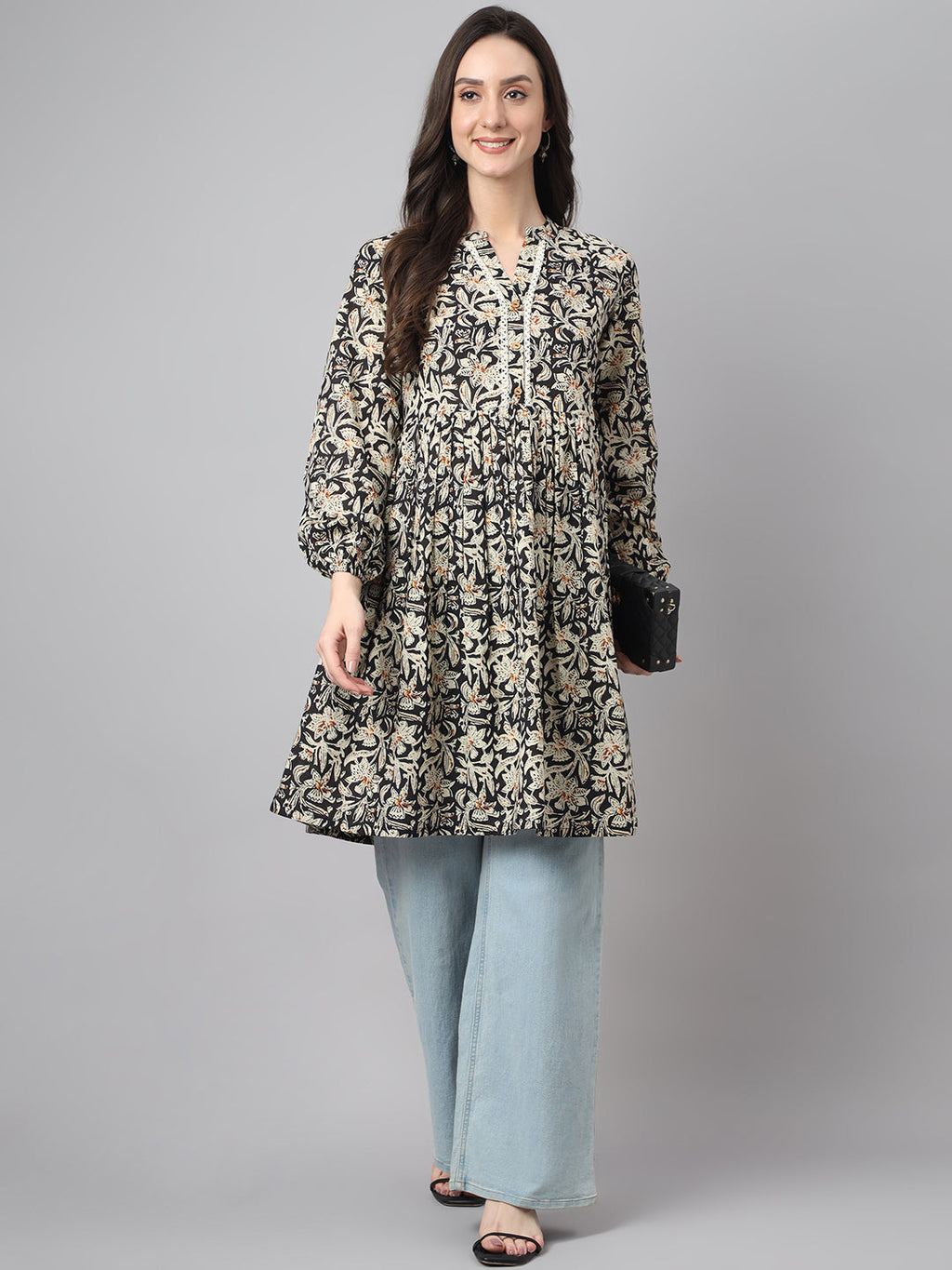 Janasya Women's Black Cotton Floral Print Casual Flared Tunic