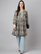 Janasya Women's Black Cotton Floral Print Casual Flared Tunic