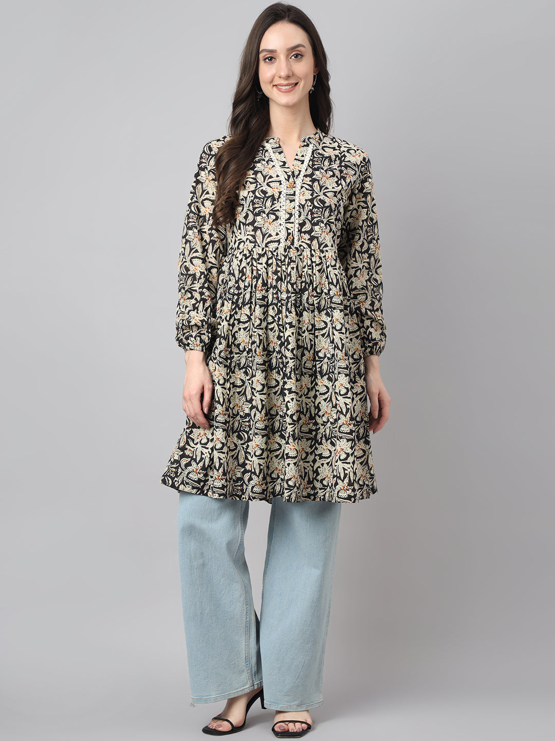 Janasya Women's Black Cotton Floral Print Casual Flared Tunic