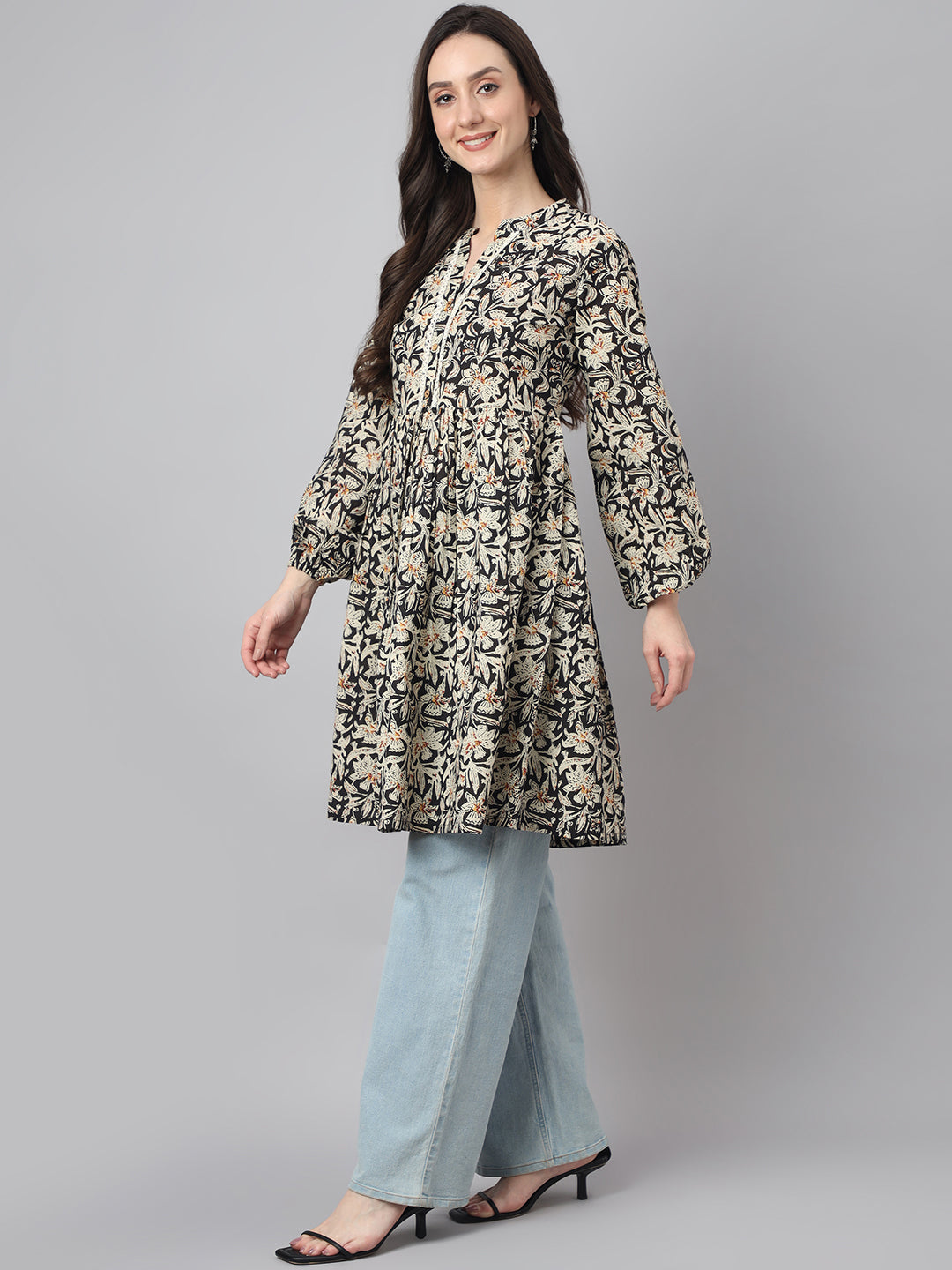 Janasya Women's Black Cotton Floral Print Casual Flared Tunic