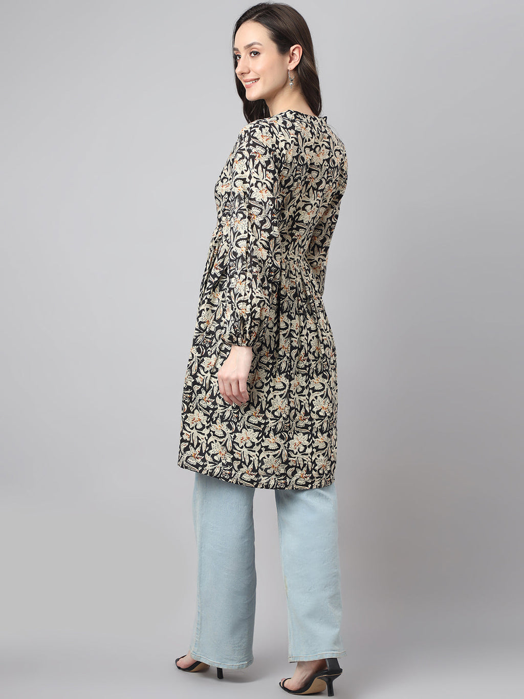 Janasya Women's Black Cotton Floral Print Casual Flared Tunic