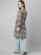 Janasya Women's Black Cotton Floral Print Casual Flared Tunic