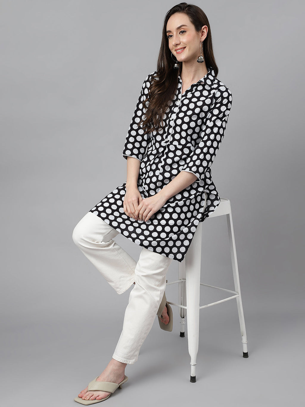 Indian Clothing Janasya Women's Black Cotton Polka Print Casual A-Line Tunic