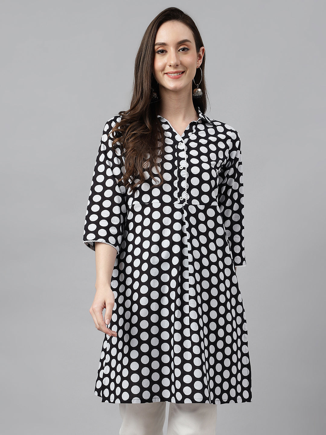 Indian Clothing Janasya Women's Black Cotton Polka Print Casual A-Line Tunic