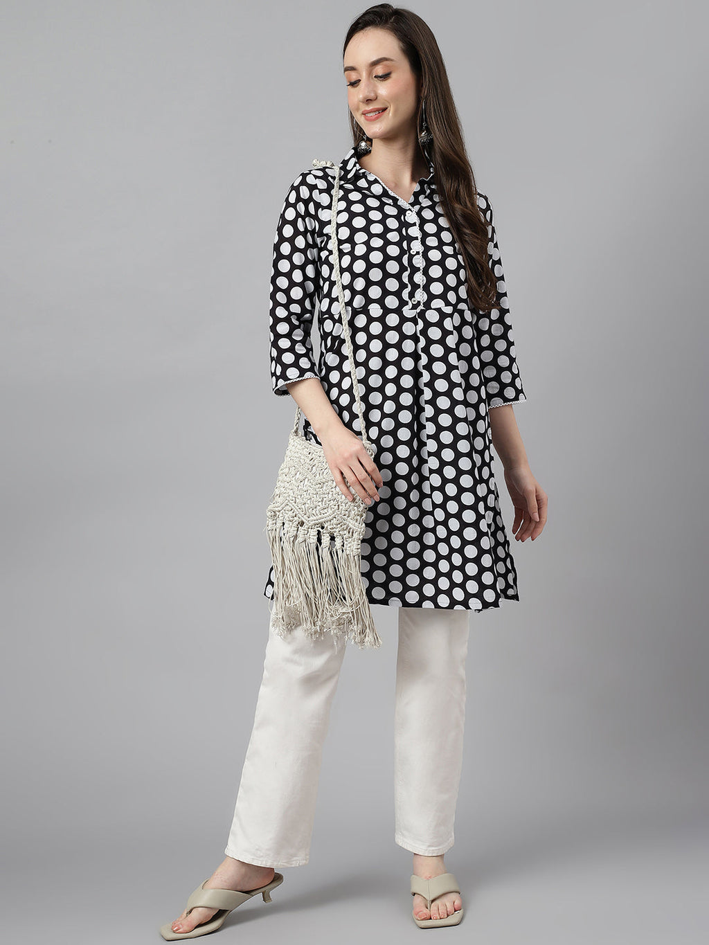 Indian Clothing Janasya Women's Black Cotton Polka Print Casual A-Line Tunic