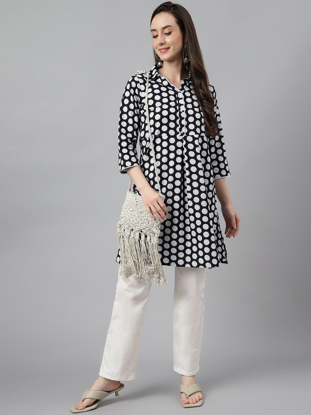 Indian Clothing Janasya Women's Black Cotton Polka Print Casual A-Line Tunic