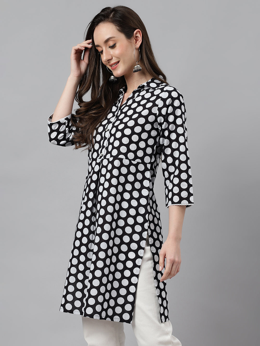 Indian Clothing Janasya Women's Black Cotton Polka Print Casual A-Line Tunic