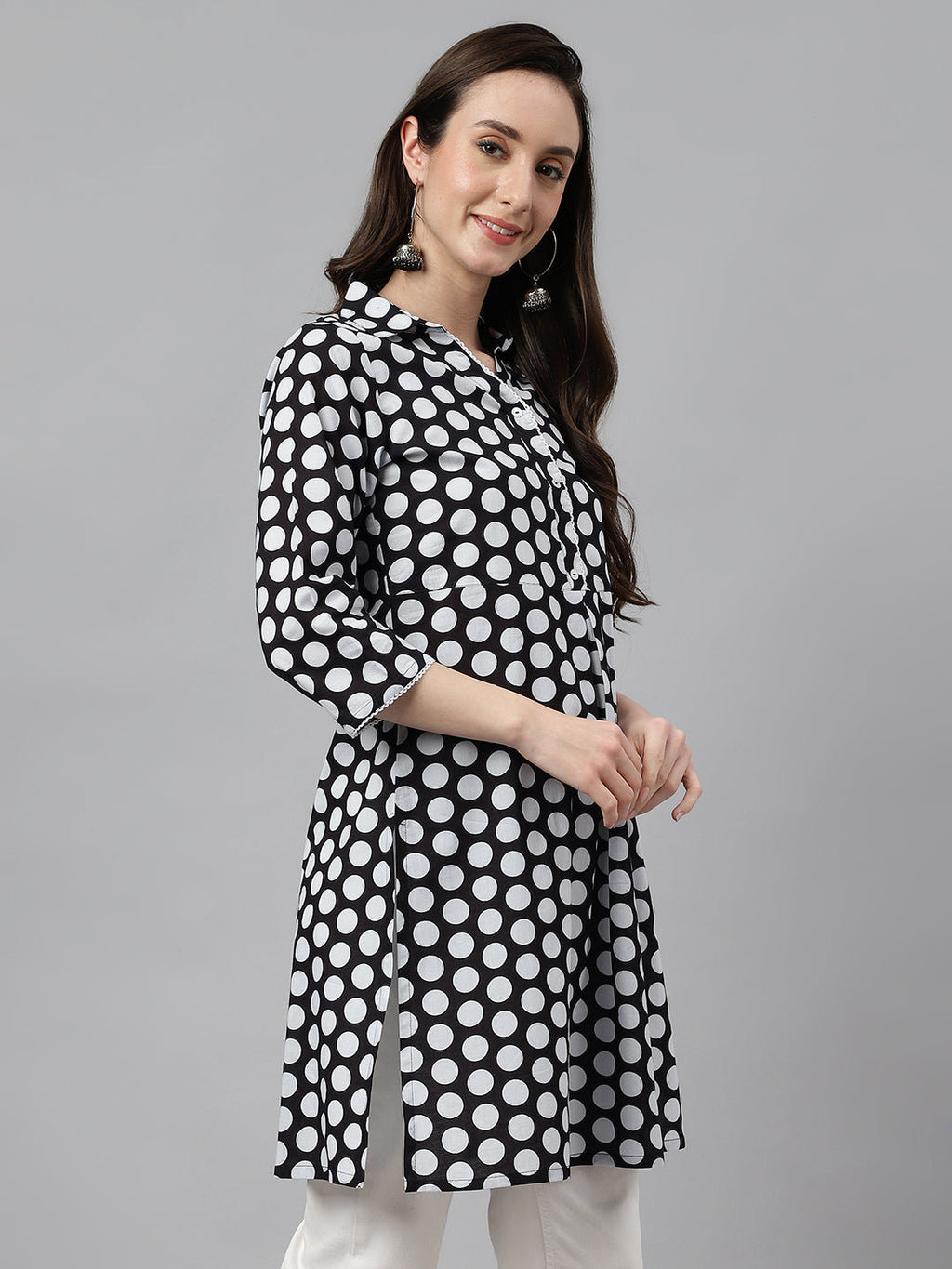 Indian Clothing Janasya Women's Black Cotton Polka Print Casual A-Line Tunic