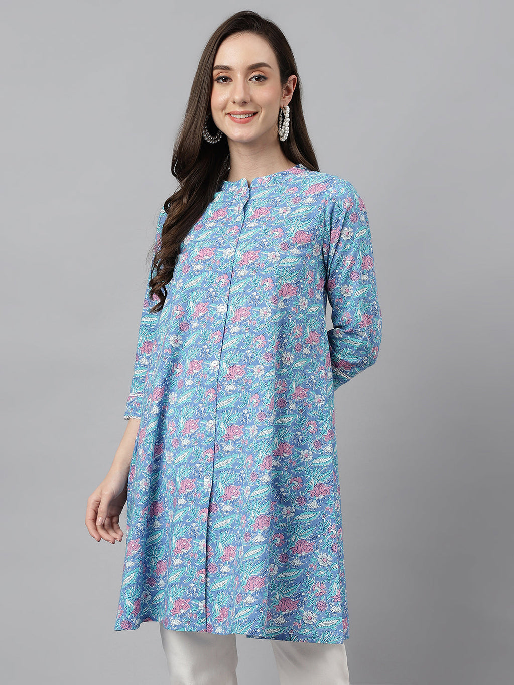 Janasya Women's Multicolor Cotton Botanical Print Casual A-Line Tunic