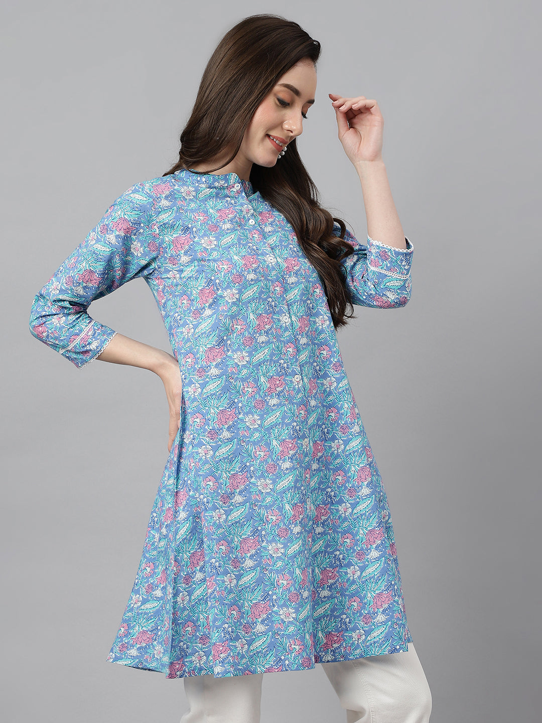 Janasya Women's Multicolor Cotton Botanical Print Casual A-Line Tunic