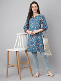 Janasya Women's Blue Cotton Floral Print Casual Regular Tunic