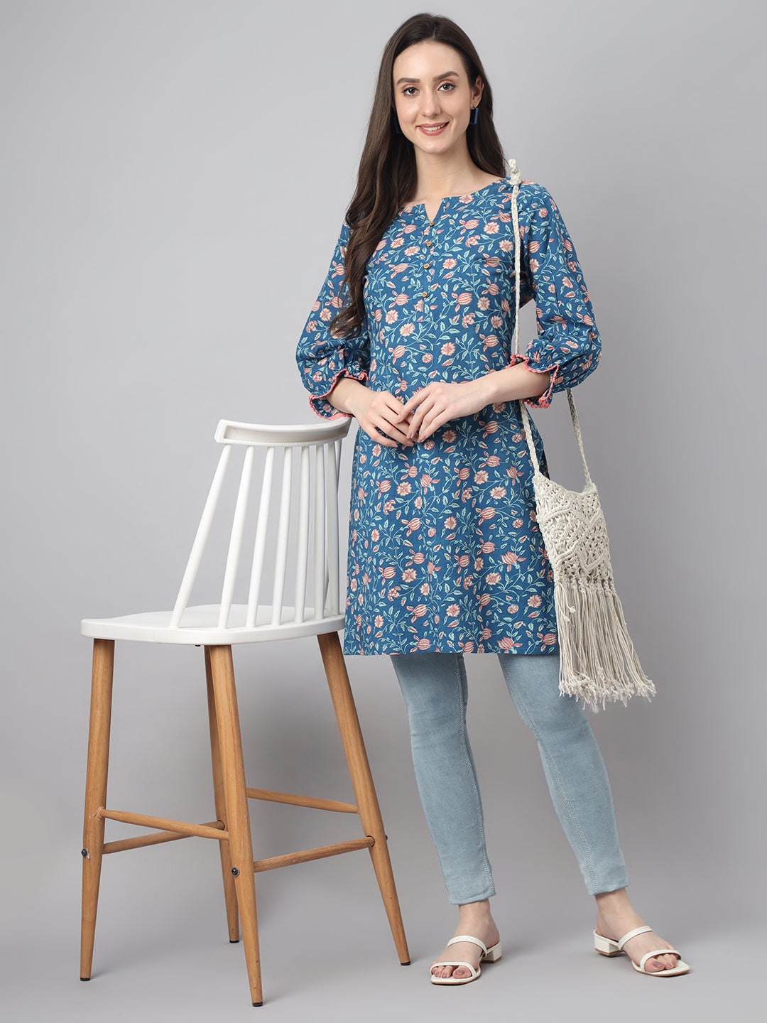 Janasya Women's Blue Cotton Floral Print Casual Regular Tunic