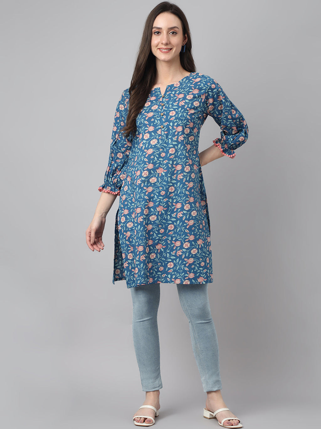 Janasya Women's Blue Cotton Floral Print Casual Regular Tunic